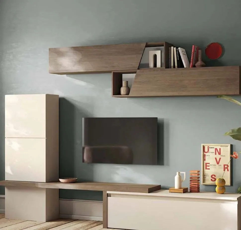 Parete attrezzata moderna componibile con ante a taglio obliquo Giny in finitura Cashmere e Mercure