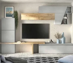 Parete attrezzata moderna componibile con panca Anna in finitura Gesso e Cadiz