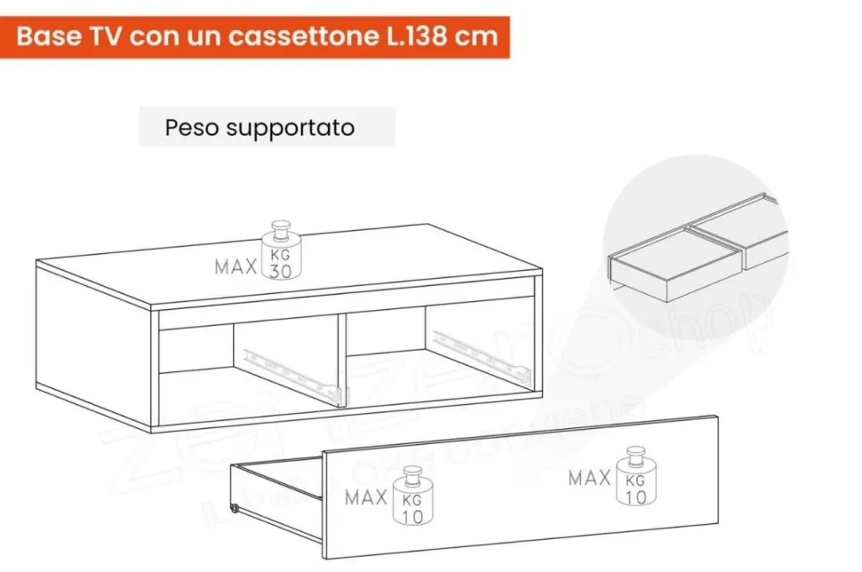 Parete attrezzata moderna con cassetti in finitura Rovere Mercure e Argilla