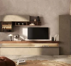 Parete attrezzata moderna con cassetti in finitura Rovere Mercure e Argilla