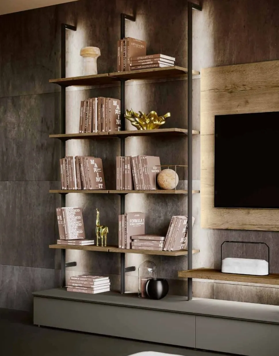 Parete attrezzata moderna con pensili sospesi e libreria in metallo disponibile in vari colori