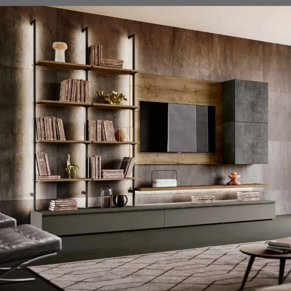 Parete attrezzata moderna con pensili sospesi e libreria in metallo disponibile in vari colori