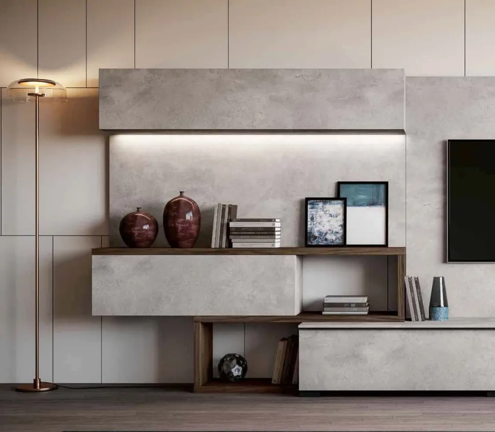 Parete attrezzata moderna con mensola sagomata disponibile in vari colori