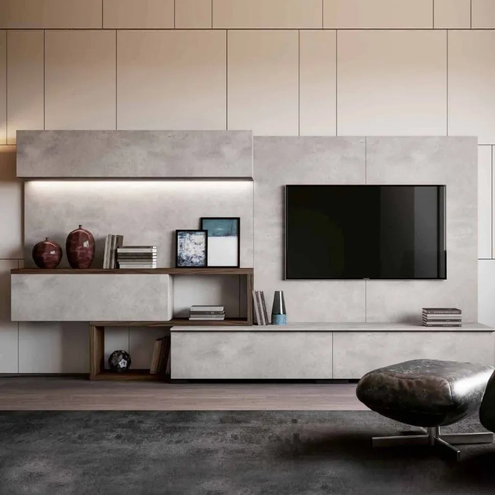 Parete attrezzata moderna con mensola sagomata disponibile in vari colori