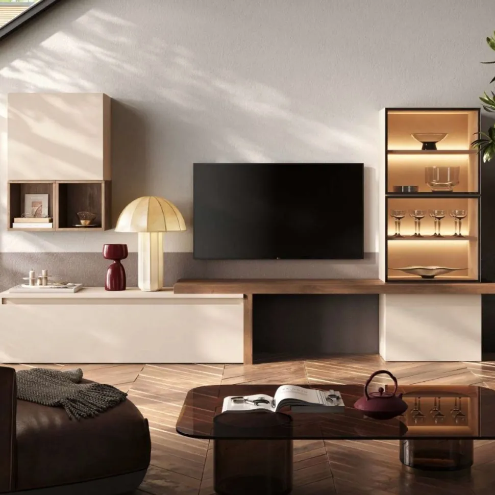 Parete attrezzata moderna con cubi con anta in vetro sospesi in finitura Mercure e Cashmere