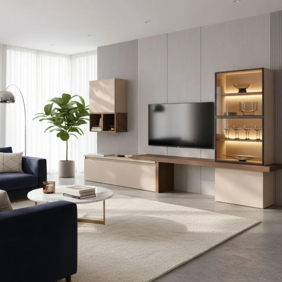 Parete attrezzata moderna con cubi con anta in vetro sospesi in finitura Mercure e Cashmere