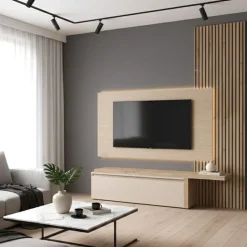 Parete attrezzata moderna con pannello porta tv in Travertino nobilitato, Cadiz cannettato e Cashmere