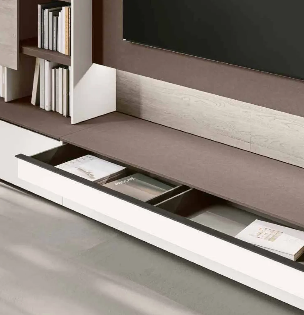 Parete attrezzata moderna componibile con libreria e pannello porta tv disponibile in vari colori