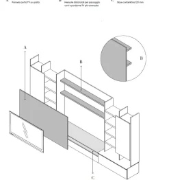 Parete attrezzata moderna componibile con libreria e pannello porta tv disponibile in vari colori
