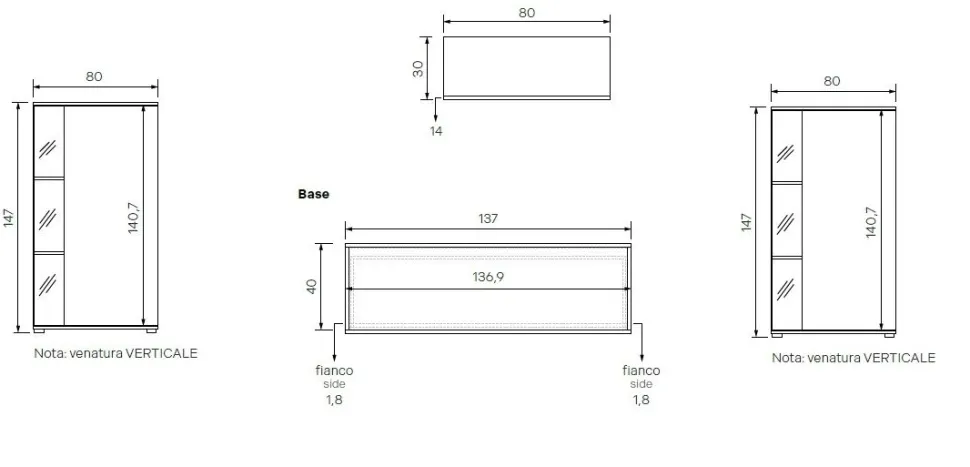 Parete attrezzata moderna finitura Noce biondo componibile con credenze con inserto in vetro Asia disponibile in vari colori