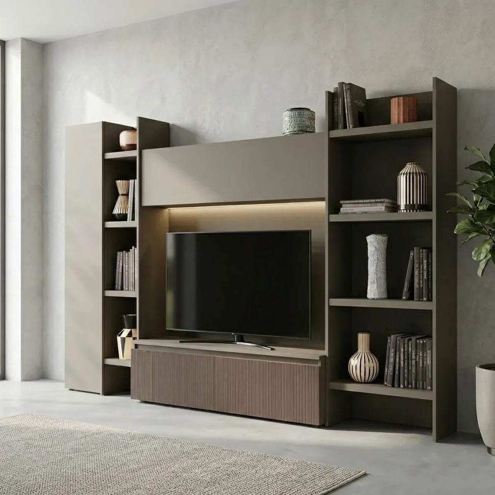 Parete attrezzata moderna Grigio cenere e Cannetato grigio con porta tv e liberie componibile disponibile in vari colori