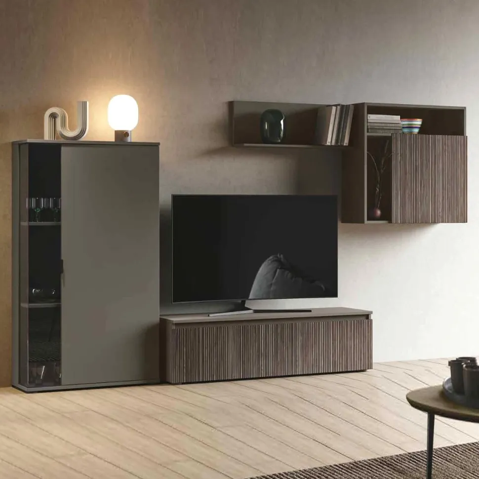 Parete attrezzata moderna Grigio cenere e Cannettato Grigio componibile con credenza Sara disponibile in vari colori