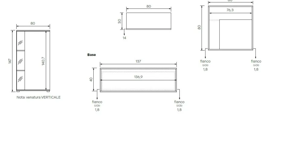 Parete attrezzata moderna Grigio cenere e Cannettato Grigio componibile con credenza Sara disponibile in vari colori