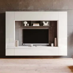 Parete attrezzata moderna in Bianco e Grigio cenere con pensili sospesi componibile Lion disponibile in vari colori