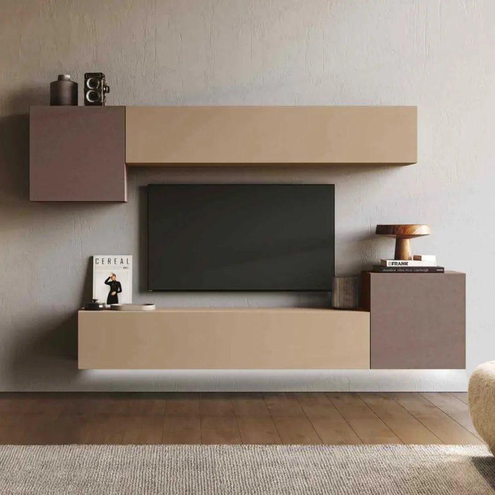 Parete attrezzata moderna ,Oro e spatolato Bronzo, con pensili sospesi componibile Cube disponibile in vari colori
