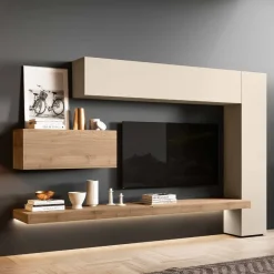 Parete attrezzata moderna Orzo e Noce biondo con pensili e mensola sospesi componibile Astor disponibile in vari colori