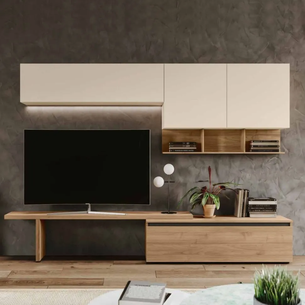Parete attrezzata moderna Rovere e Orzo componibile con panca Tv June disponibile in vari colori