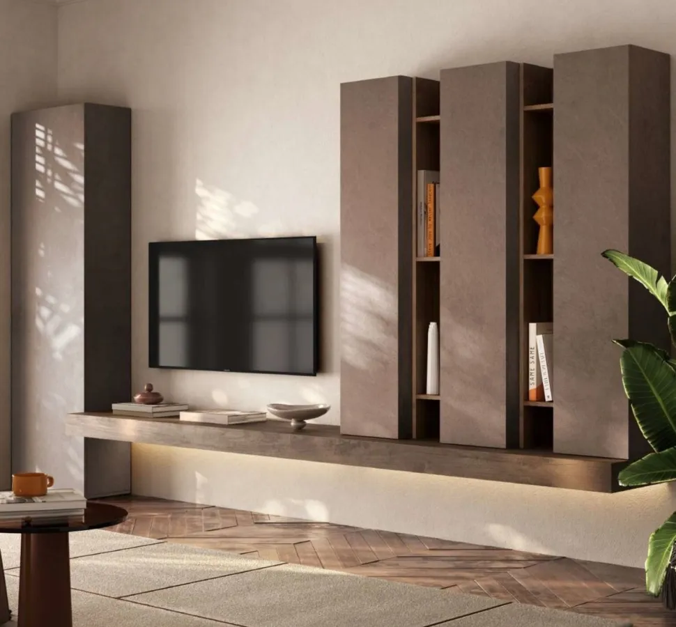 Parete attrezzata moderna sospesa con mensola porta tv in finitura Mercure e Bronzo