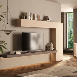 Parete attrezzata moderna sospesa con armadio in finitura Bronzo e Cashmere