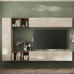 Parete attrezzata moderna sospesa componibile con pensili Kube disponibile in vari colori