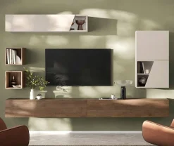 Parete attrezzata moderna sospesa componibile Slim in finitura Cashmere e Mercure