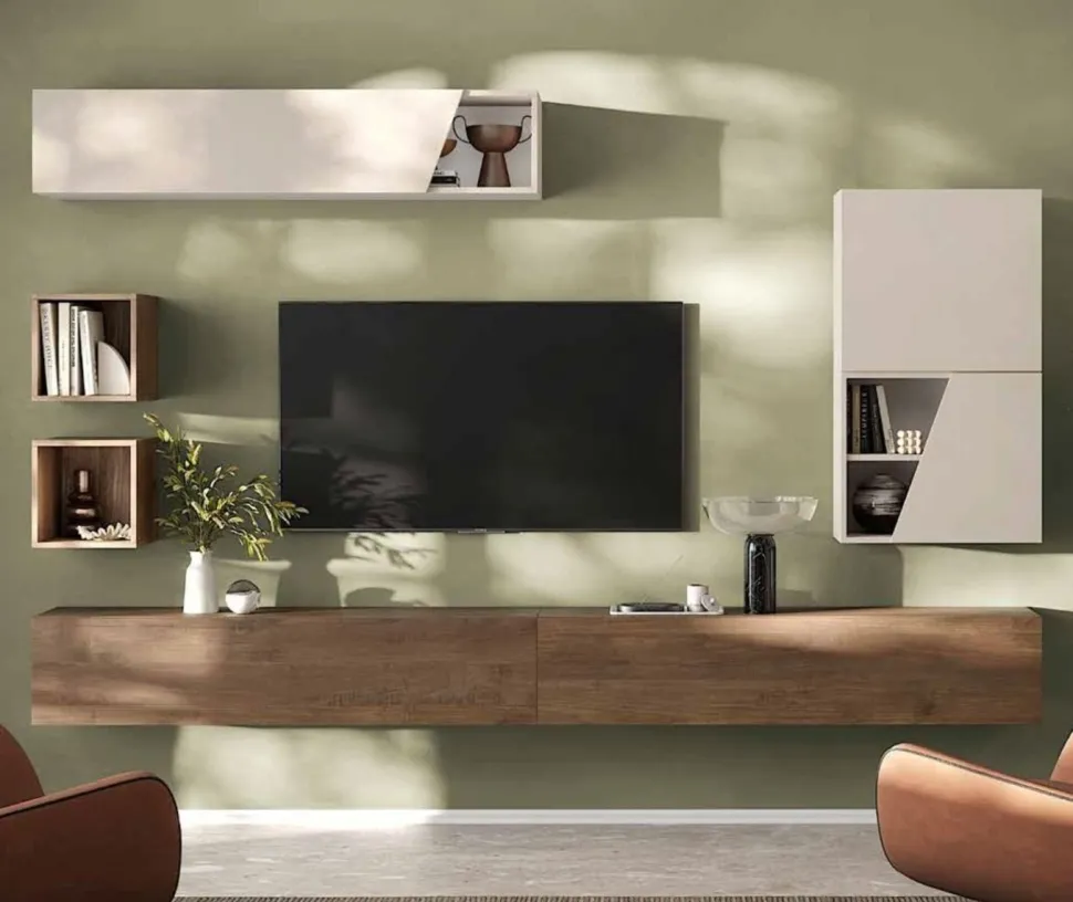 Parete attrezzata moderna sospesa componibile Slim in finitura Cashmere e Mercure