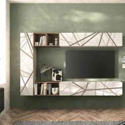 Parete attrezzata moderna sospesa componibile con pensili Kube disponibile in vari colori con grafica personalizzabile
