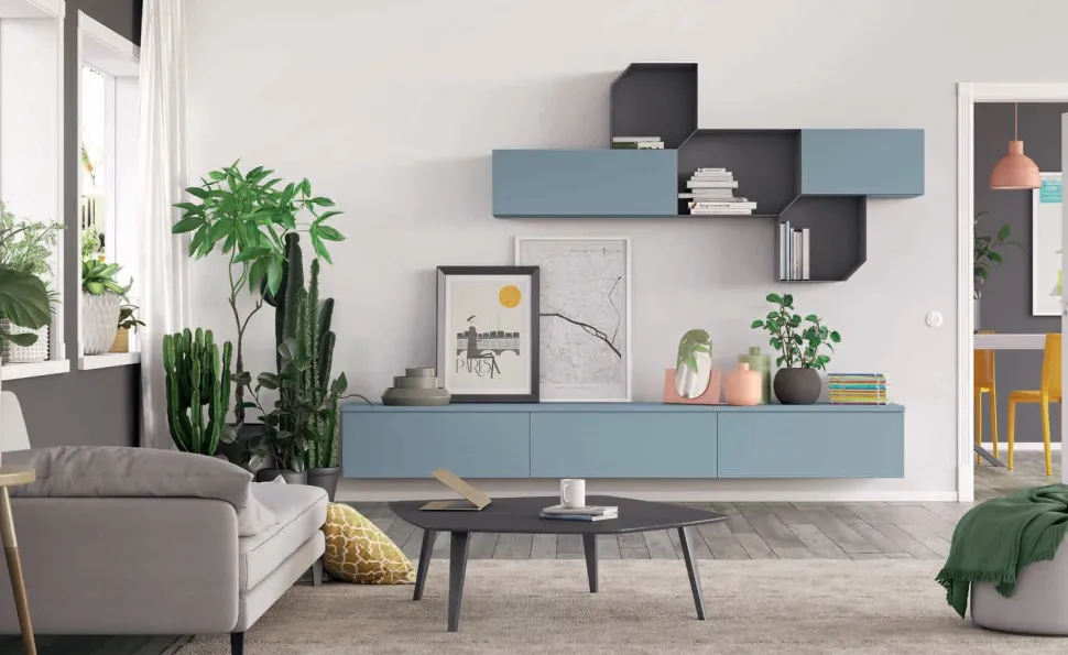 Parete attrezzata moderna sospesa Azzurro Codaques Ramona disponibile in 15 colorazioni