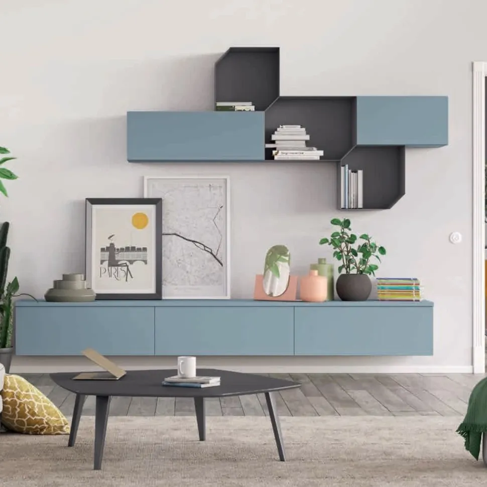 Parete attrezzata moderna sospesa Azzurro Codaques Ramona disponibile in 15 colorazioni