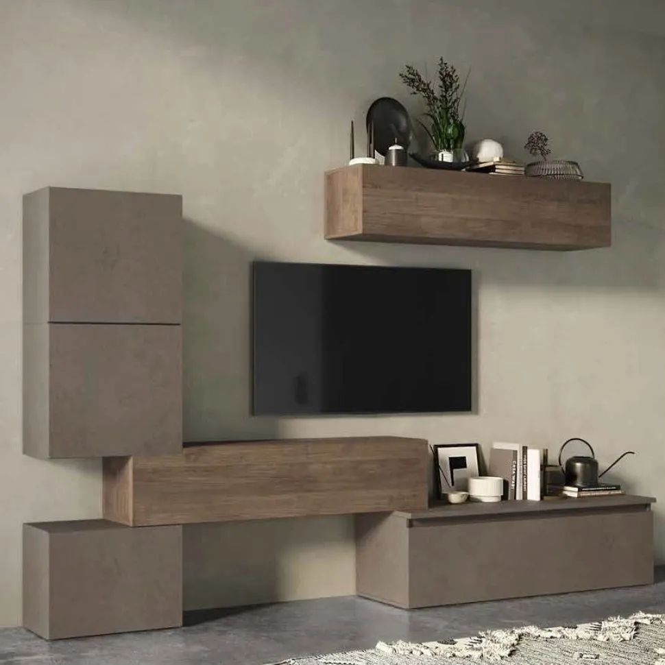 Parete attrezzata Nicole linea Arte in finitura Bronzo e Rovere Mercure