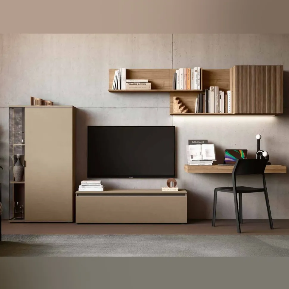 Parete attrezzata Noce biondo, Cannettato e Orzo moderna e componibile con scrivania sospesa Rodi disponibile in vari colori