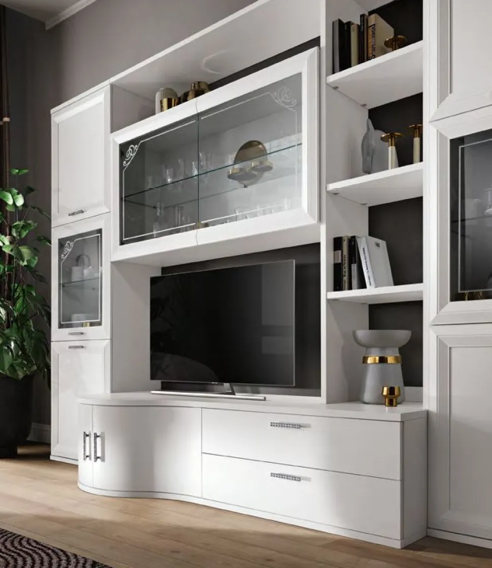Parete attrezzata Obli linea Prevaling finitura Bianco Frassino e Argento con serigrafia Argento e maniglie con strass