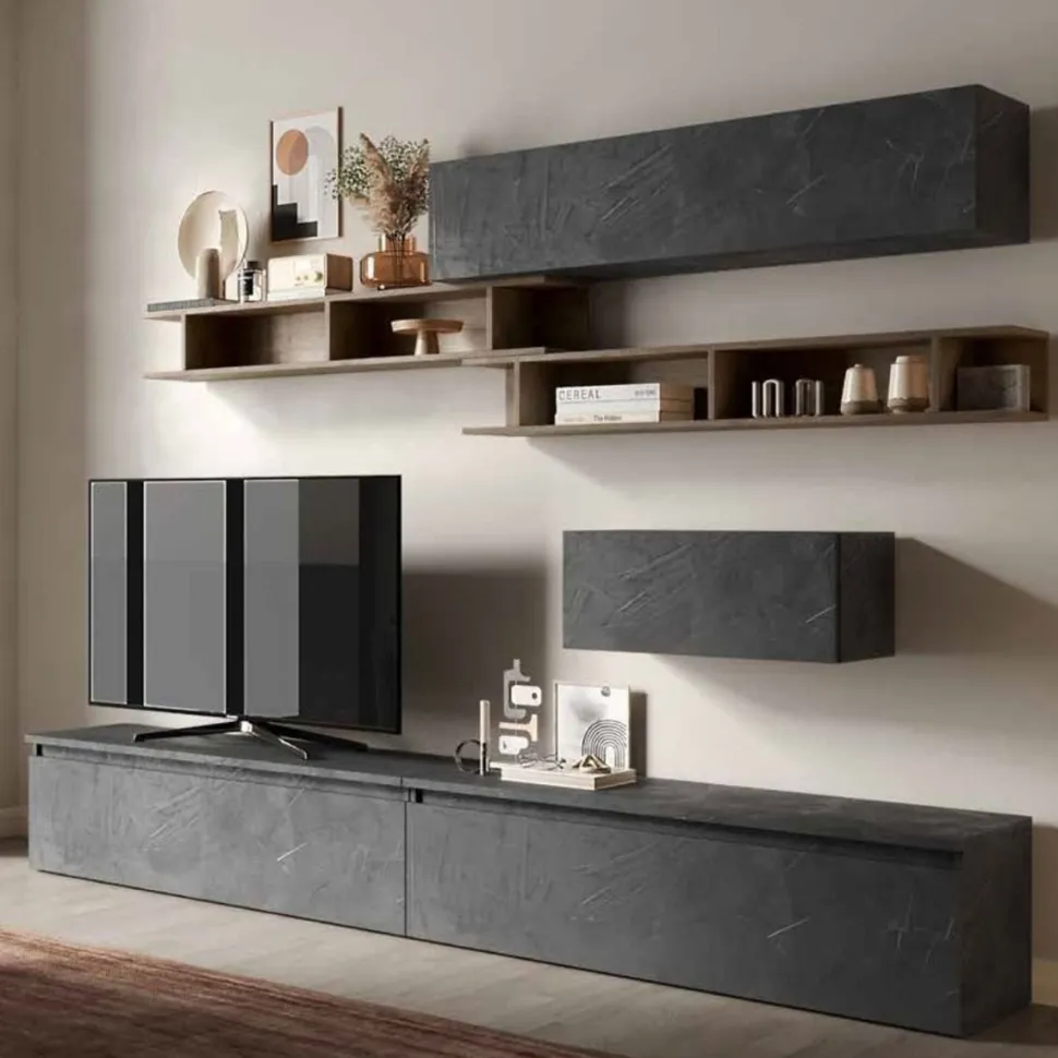 Parete attrezzata Orson linea Arte in finitura Rovere Mercure e Piombo