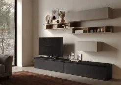 Parete attrezzata Orson linea Arte in finitura Rovere Cadiz, Lava e Argilla