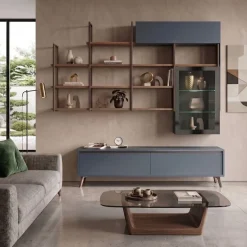 Parete Attrezzata per Living con Libreria Sospesa e Vetrina