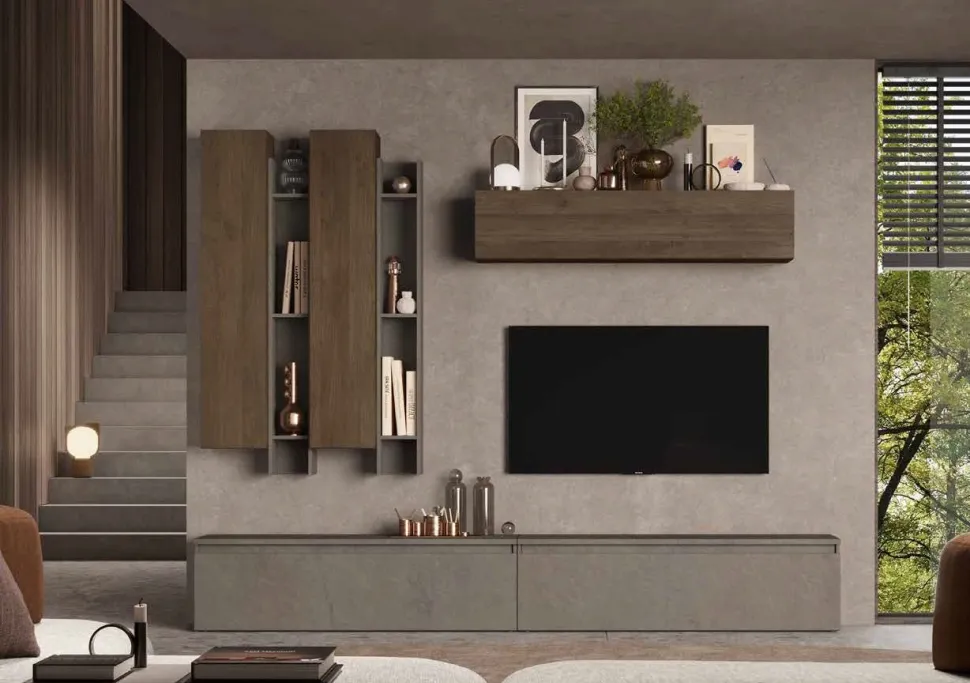 Parete attrezzata Rea linea Arte in finitura Rovere Mercure e Argilla