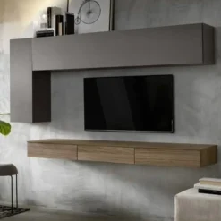 Parete attrezzata Rimì linea Domino in Grigio e Noce Naturale