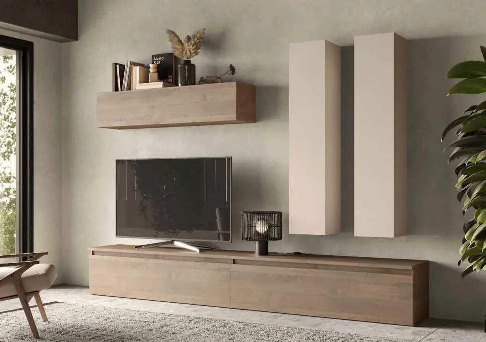 Parete attrezzata Sara linea Arte in finitura Cashmere e Rovere Mercure