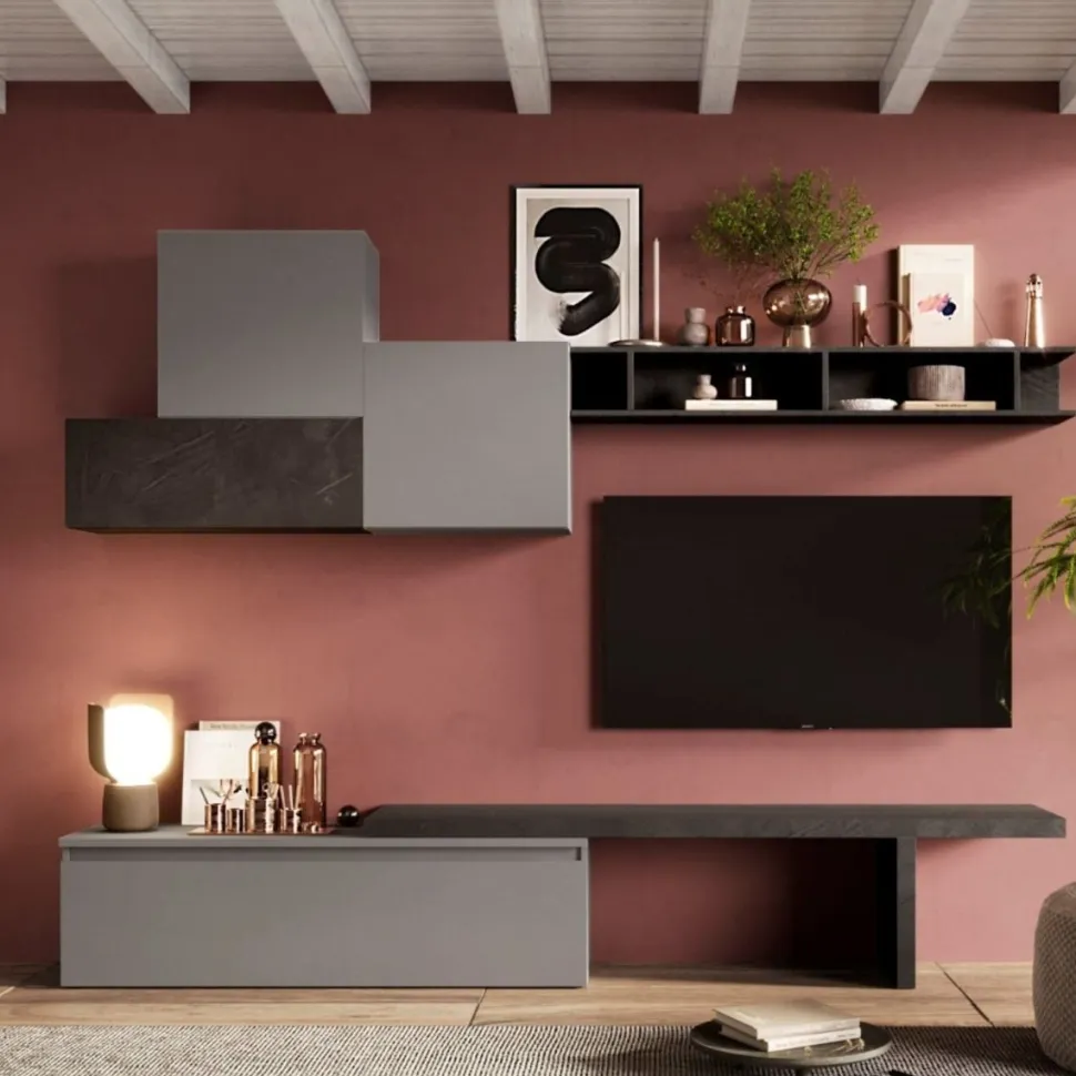 Parete attrezzata Scarlet linea Arte in finitura Ardesia e Piombo
