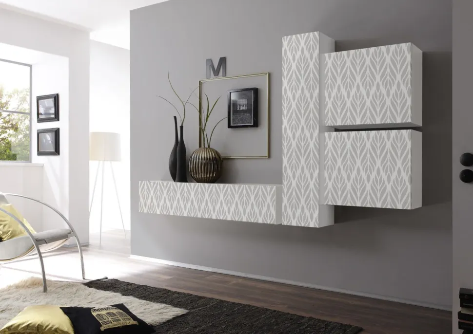 Parete Attrezzata Soggiorno Elegance Bianco - Grafiche sulle Ante su Misura