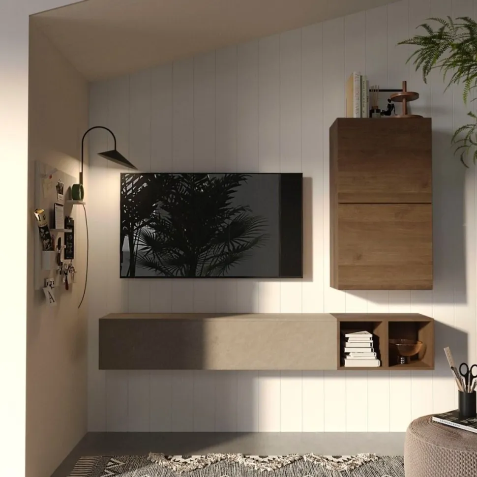 Parete attrezzata Sonia linea Arte in finitura Rovere Mercure e Argilla