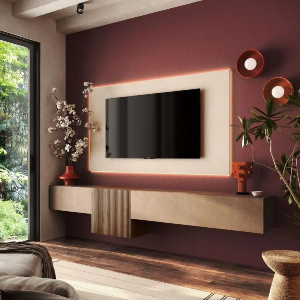 Parete attrezzata sospesa con pensili in Mercure cannettato in rilievo, Bronzo e Cashmere