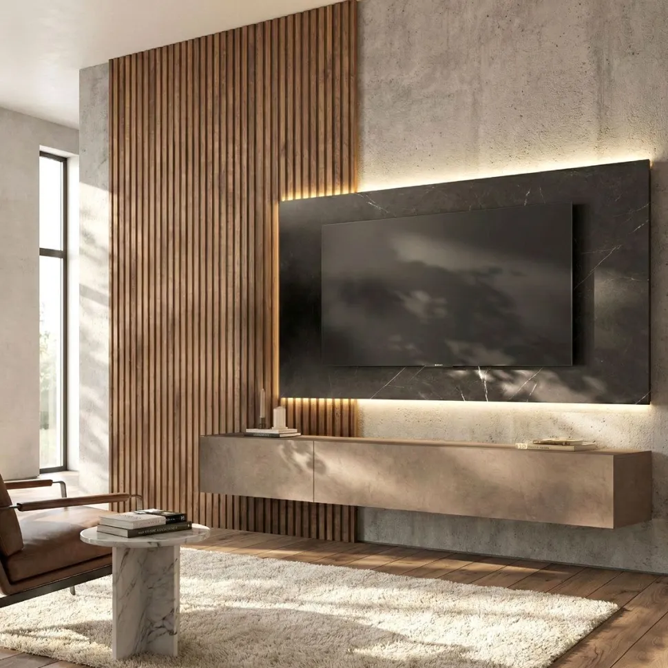Parete attrezzata sospesa con Boiserie e pannello porta tv in effetto Marmo nero, Mercure cannettato e Bronzo