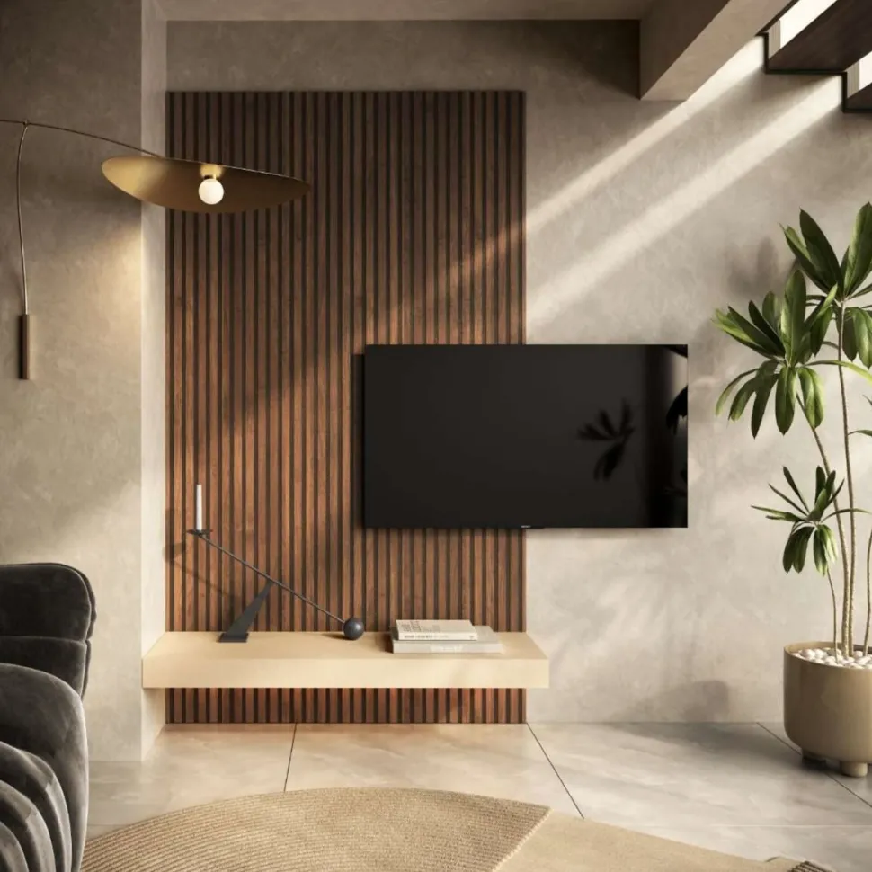 Parete attrezzata sospesa con mensola porta tv e boiserie in Cashmere e Mercure cannettato