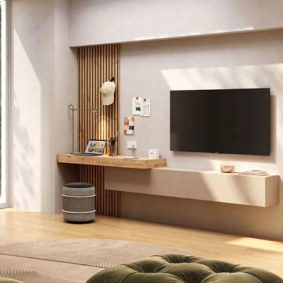 Parete attrezzata sospesa con zona studio inclusa in Cashmere e Cadiz cannettato