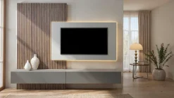 Parete attrezzata sospesa con pannello tv sospeso, Travertino nobilitato, Mercure cannettato e Lava