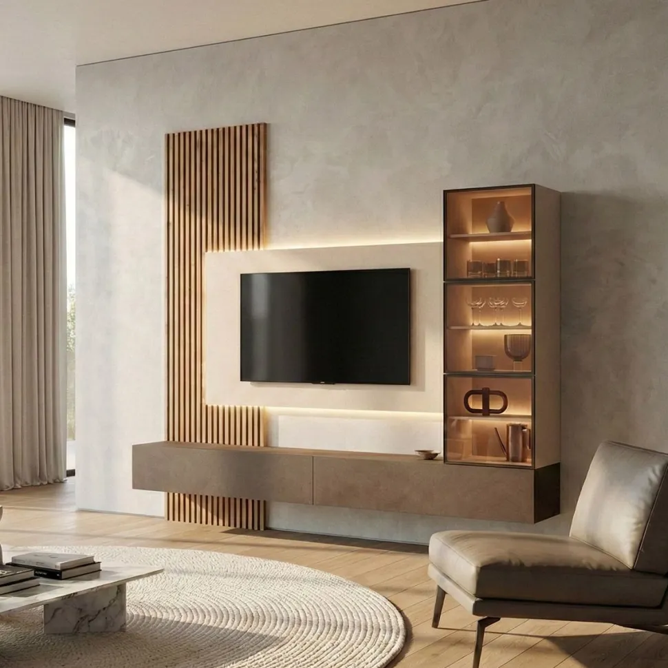 Parete attrezzata sospesa con pensili in vetro e pannello porta tv in Cadiz cannettato, Cashmere e Bronzo