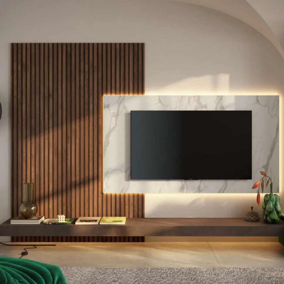Parete attrezzata sospesa con boiserie, mensole e pannello porta tv in Bronzo ed effetto Marmo bianco