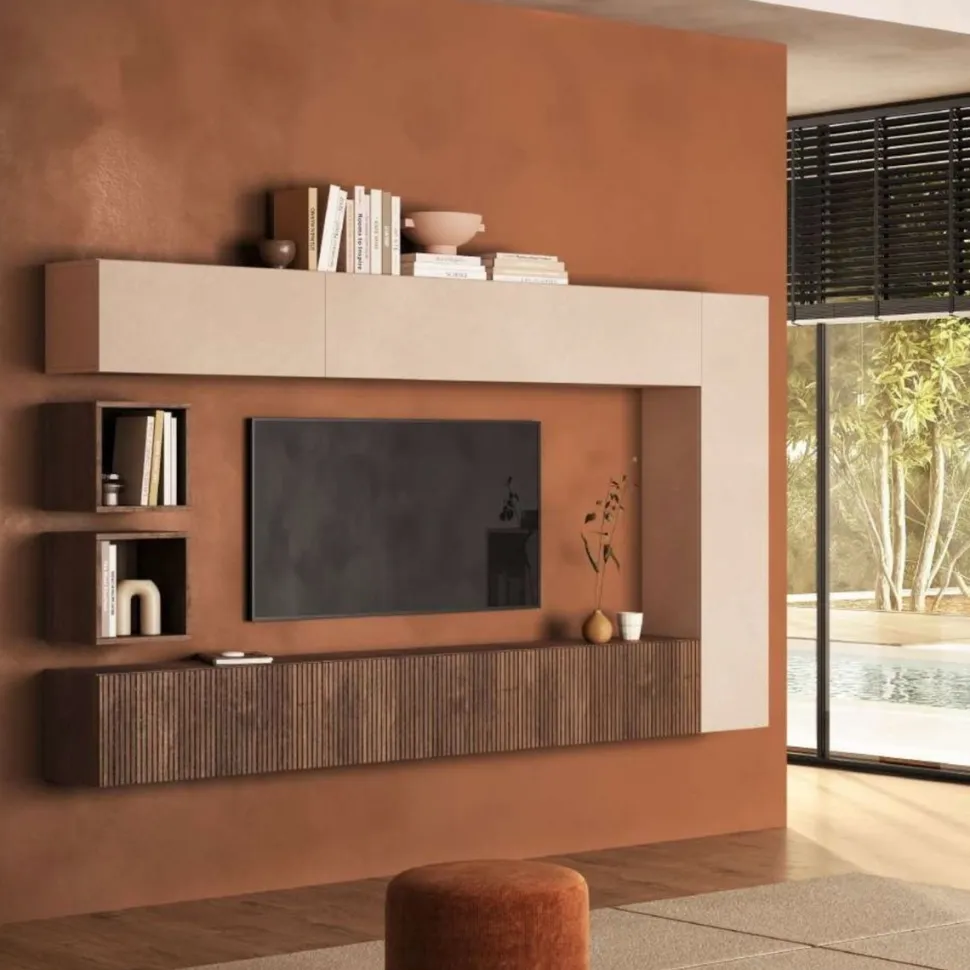 Parete attrezzata sospesa con frontali cannettati in finitura Cashmere e Mercure