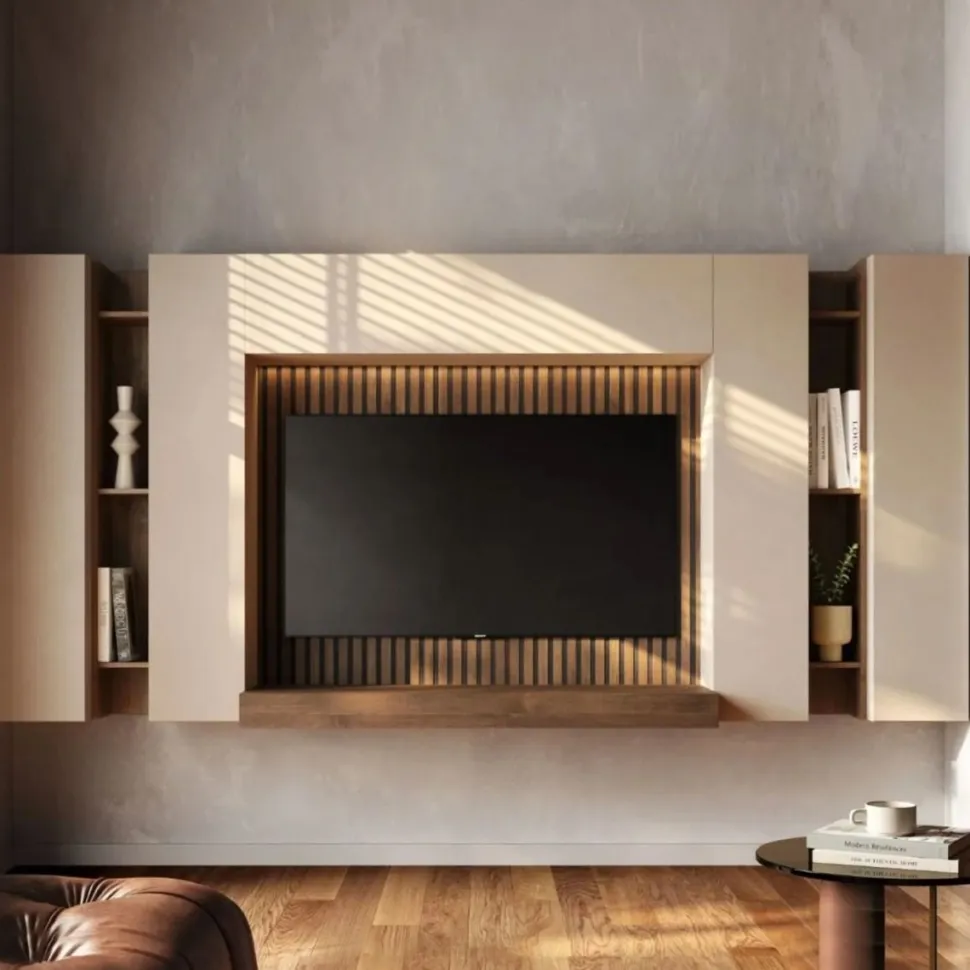 Parete attrezzata sospesa con ribalte e boiserie cannettata in rilievo in finitura Mercure e Cashmere